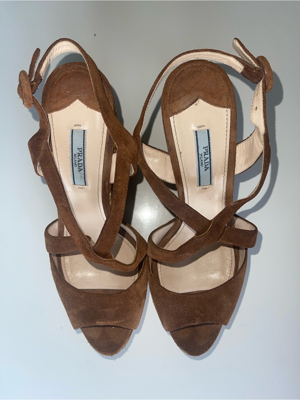 Prada Brown Suede Crisscross Ankle-Strap Wedge Heels